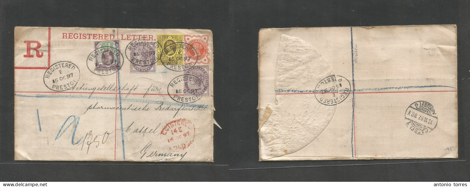 Great Britain. 1895 (15 Oct) Preston - Germany, Cassel (17 Oct) Registered Multifkd Env At 7d Rate, Tied Oval Ds + Arriv - ...-1840 Prephilately