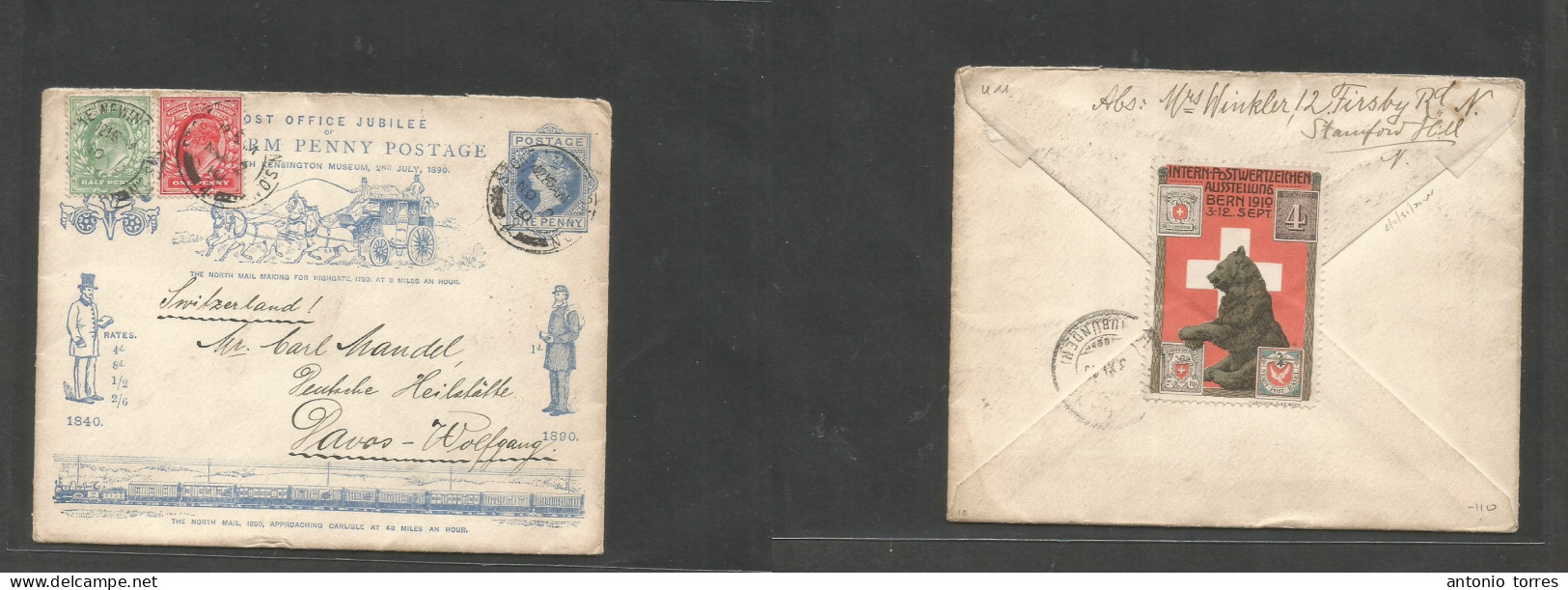 Great Britain. 1910 (2 Nov) Post Office Jubilee Stone Newing - Switzerland, Davos (3 Nov) 1d Blue Stat Env + 2 Adtls At - ...-1840 Préphilatélie