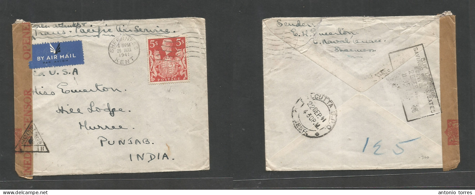 Great Britain - Xx. 1941 (26 Aug) Sheerness, Kent - India, Murree, Punjab (25 Sept) Single 5sh Red Fkd Envelope On Air A - ...-1840 Precursori