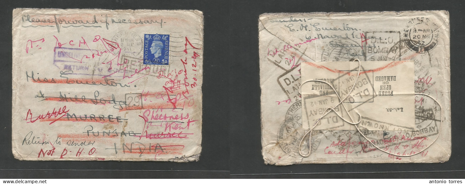 Great Britain - Xx. 1941 (2 Sept) Sheerness, Kent - INDIA, Punjab, Muree (Dec 4) Single 2 1/2d Fkd Airmail Item Travelle - ...-1840 Precursori