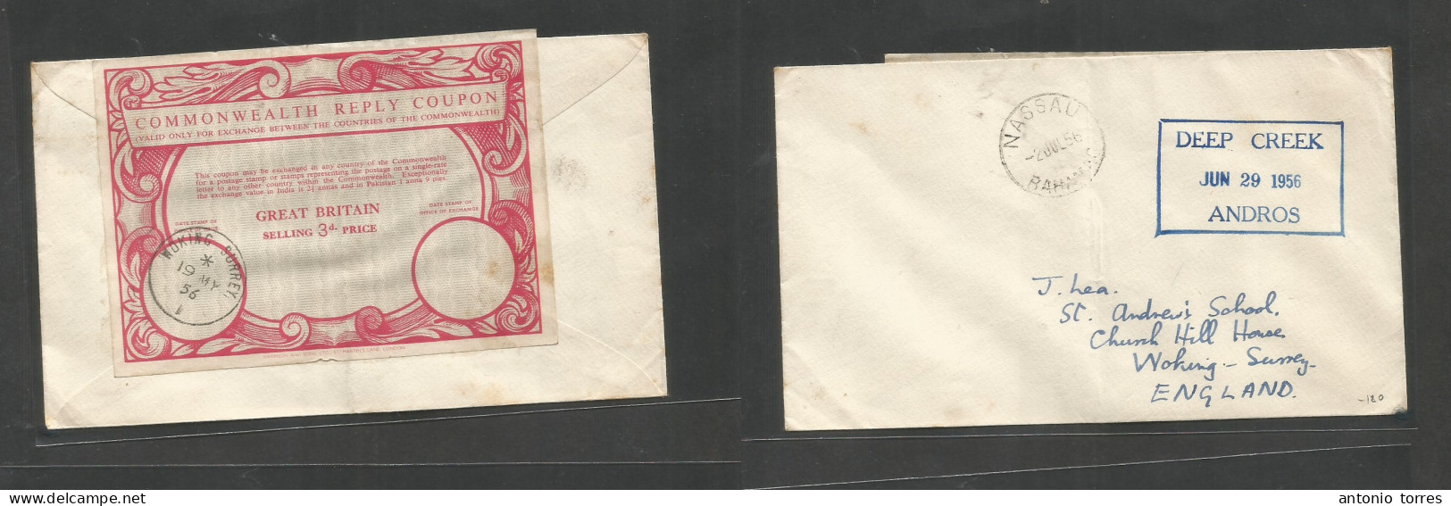 Great Britain - Xx. 1956 (2 July) Bahamas, Deep Creek, Andros - England, Woking. Envelope Circulated With Commonwealth R - ...-1840 Precursores