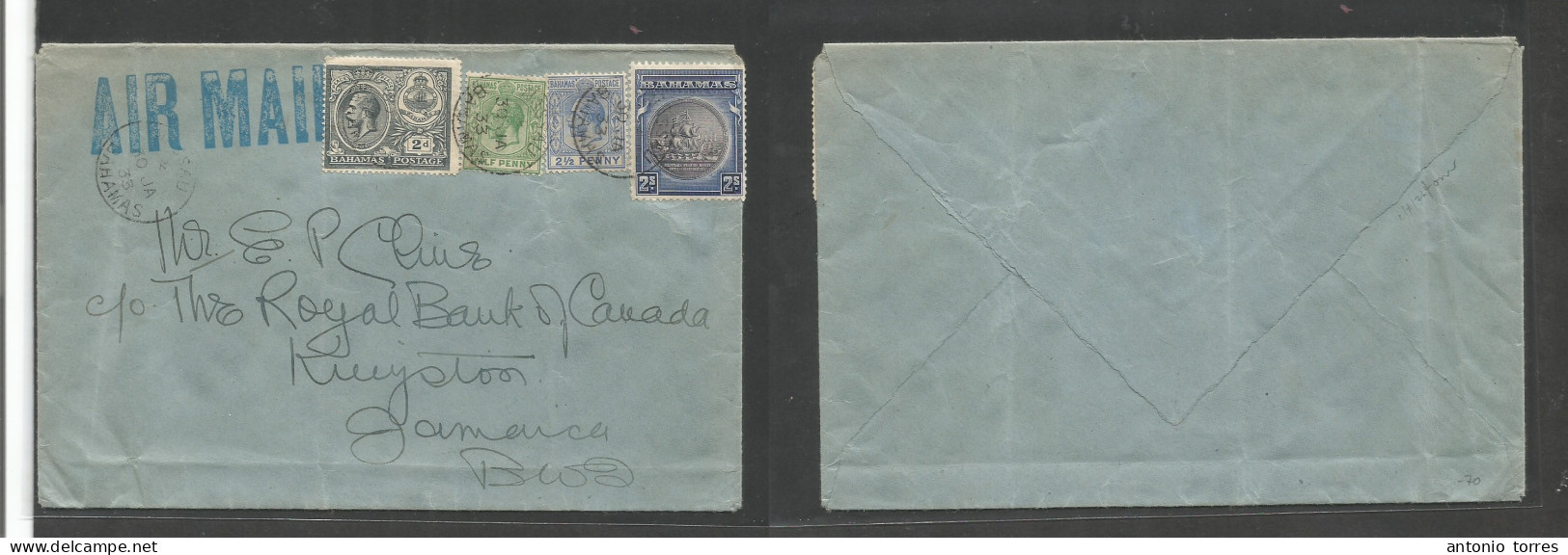 Bc - Barbados. 1933 (30 Jan) Nassau - Jamaica, Kingson. Air Multifkd Env, Mixed Issues, Tied Cds. 2sh 5d Rate. Fine. - Other & Unclassified