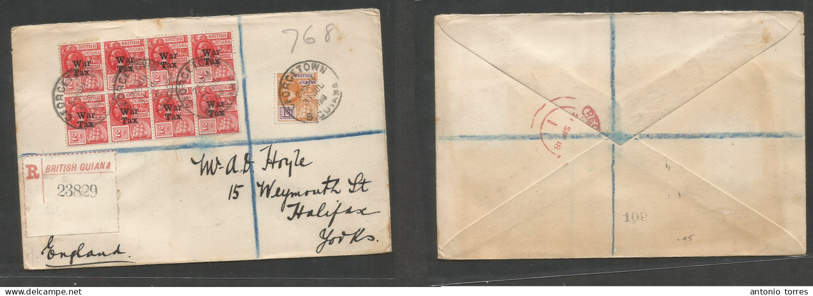 Bc - Br. Guiana. 1918 )31 July) Georgetown - England, Halifax, York. Registered Multifkd Env Incl 2c Red War Tax Block O - Other & Unclassified