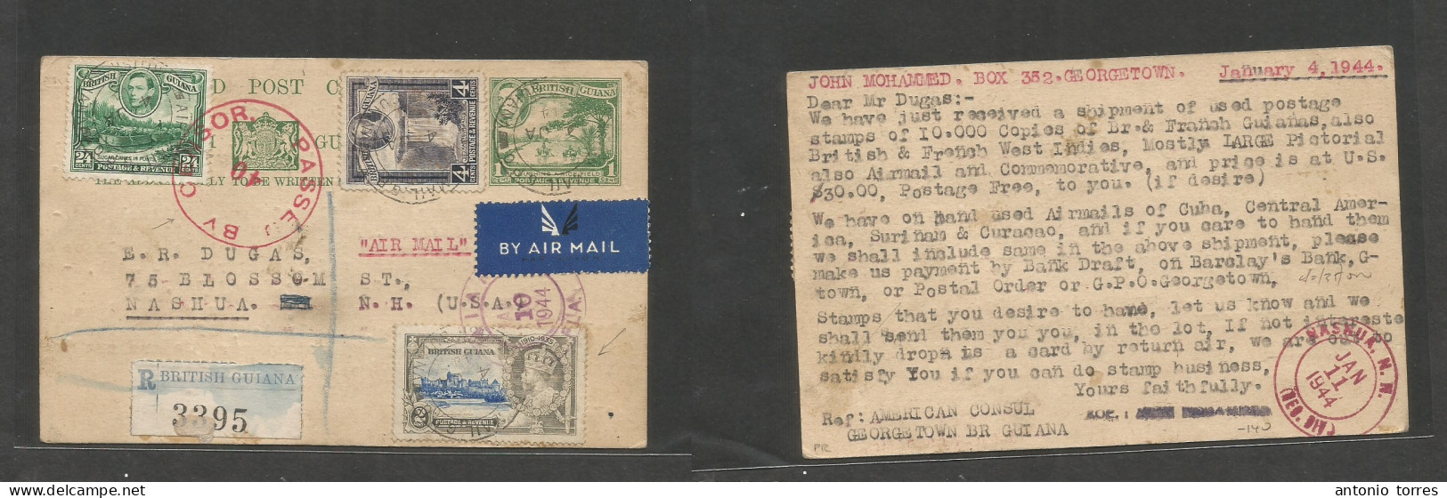 Bc - Br. Guiana. 1944 (4 Jan) Georgetown - USA, Nashua, NH. Registered 1c Grey - Green Air Stat Card + 3 Adtls Incl Silv - Other & Unclassified