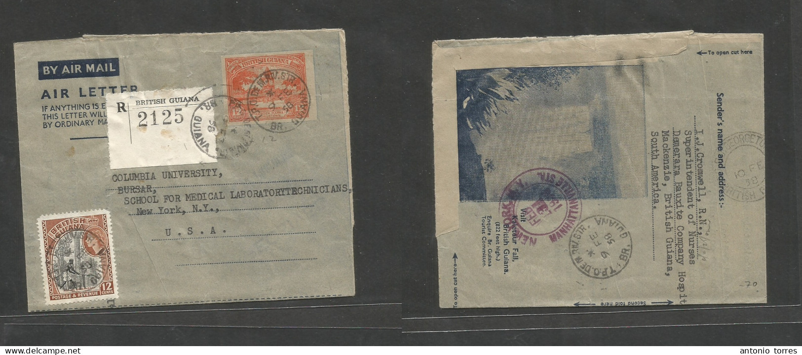 Bc - Br. Guiana. 1958 (9 Febr) TPO. River Str - USA, NYC (Feb 13) Registered 12c Orange Stat Air Lettersheet + Adtl At 2 - Sonstige & Ohne Zuordnung