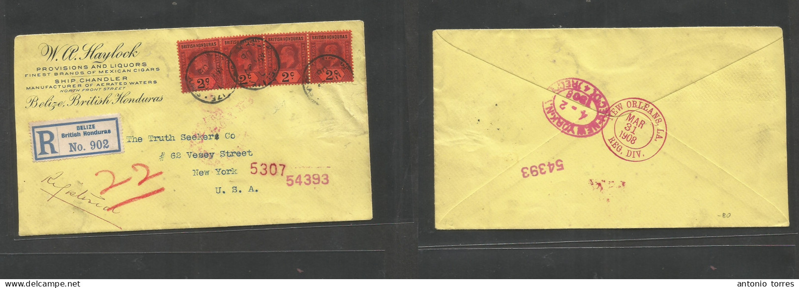 Bc - Br. Honduras. 1908 (27 March) Belize - USA, NYC (2 April) Via N. Orleans. Registered Comercial Multifkd 2c Red, Tob - Other & Unclassified