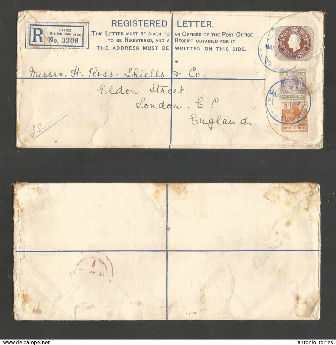 Bc - Br. Honduras. 1919 (27 March) Belize - England, London (14 Apr) Registered Multifkd 2c + 3c Stat Env + 2 Adtls, Tie - Other & Unclassified