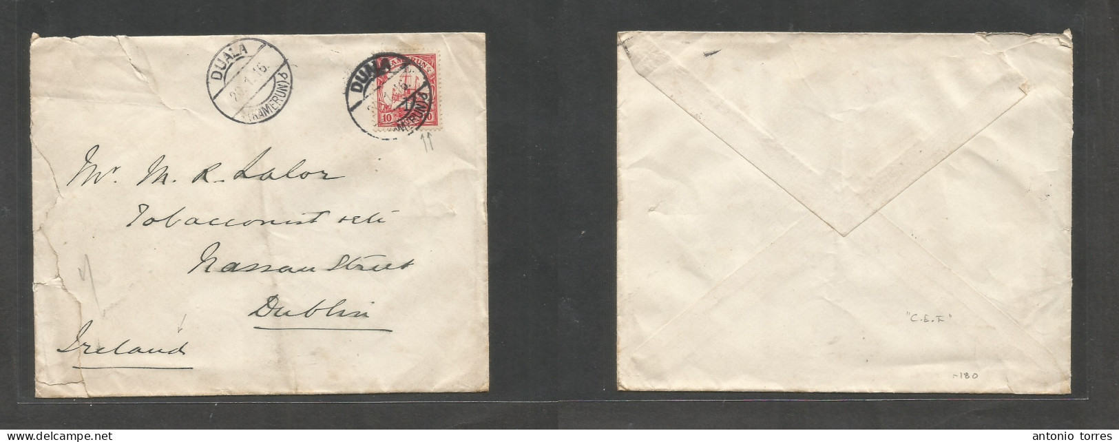 Bc - Cameroun. 1916 (20 Jan) CEF 1d WWI. Duala - Ireland, Dublin. Single Ovptd British Occup Fkd Envelope, Former German - Other & Unclassified