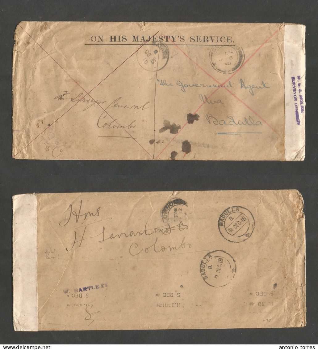 Bc - Ceylon. 1918 (5 Dec) Satara - Badulla (7-11 Dec) OH;S Stampless Envelope, WWI Censored Label, Transited Horough Fro - Autres & Non Classés