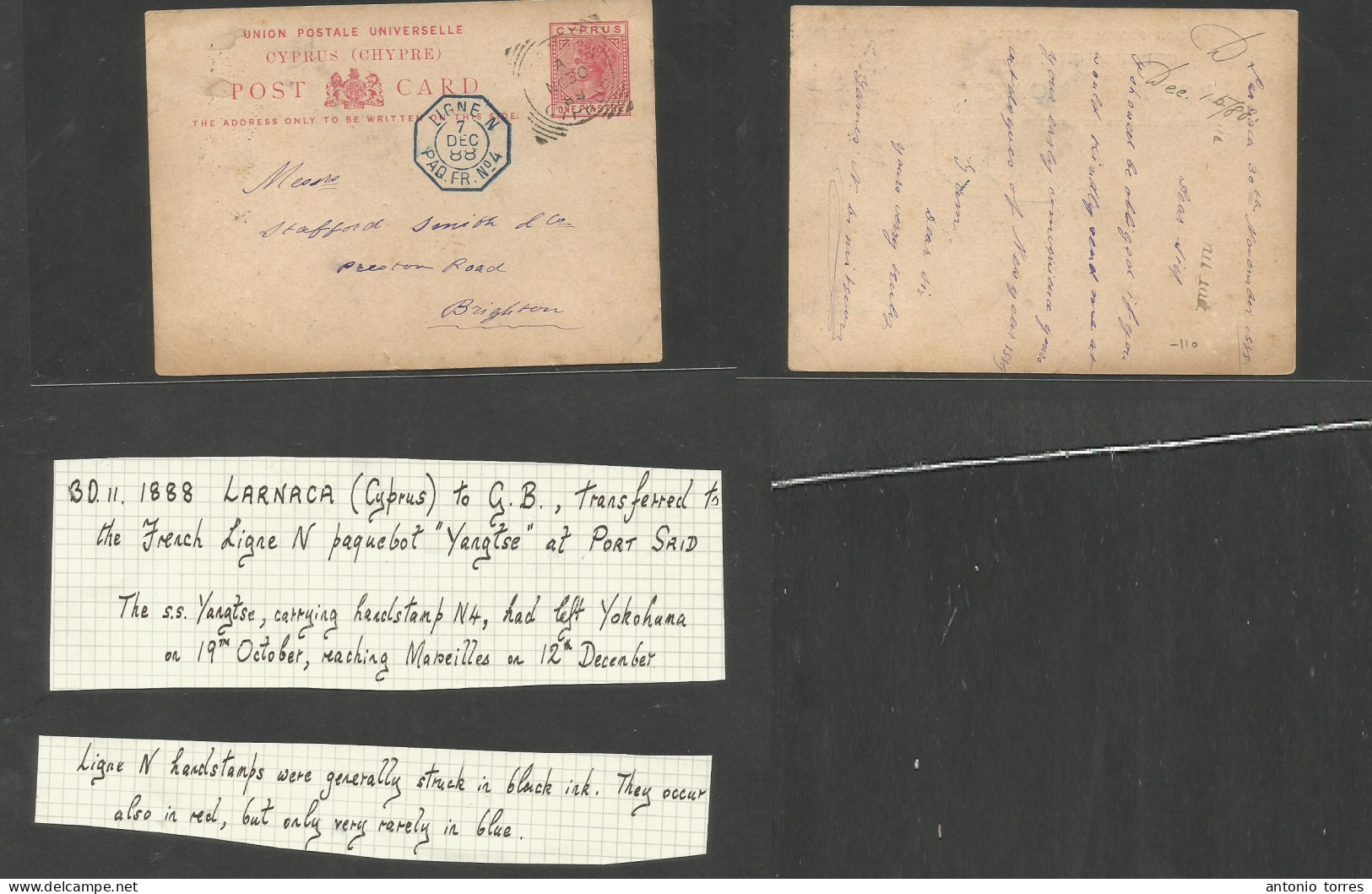 Bc - Cyprus. 1888 (Nov 30) Larnaca - Brighton, UK. QV 1d Rose Stat Card, Cds + French "Ligne N/pqbt 4" Cachet Alongside - Other & Unclassified