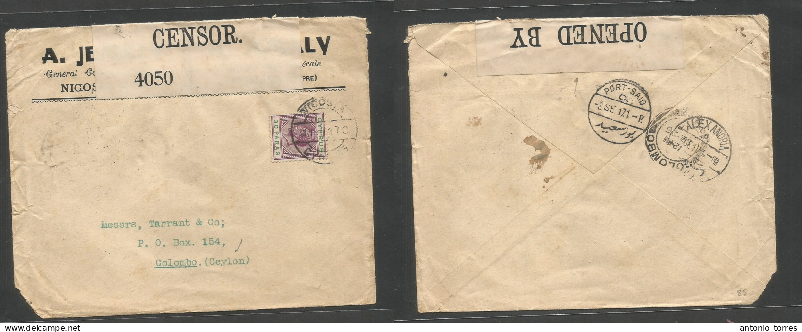 Bc - Cyprus. 1917 (4 Sept) WWI. Nicasor - Ceylon, Colombo. Indian Ocean (26 Sept) Via Port Said - Alexandria. Comercial - Autres & Non Classés