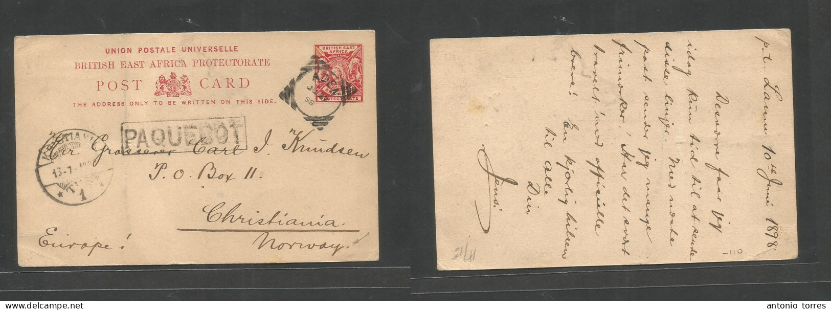 Bc - East Africa. 1898 (10 June) Pt. Lamu - Norway, Christiania (13 July) 1d Red Stat Card, Cancelled In Transit Via Ade - Sonstige & Ohne Zuordnung