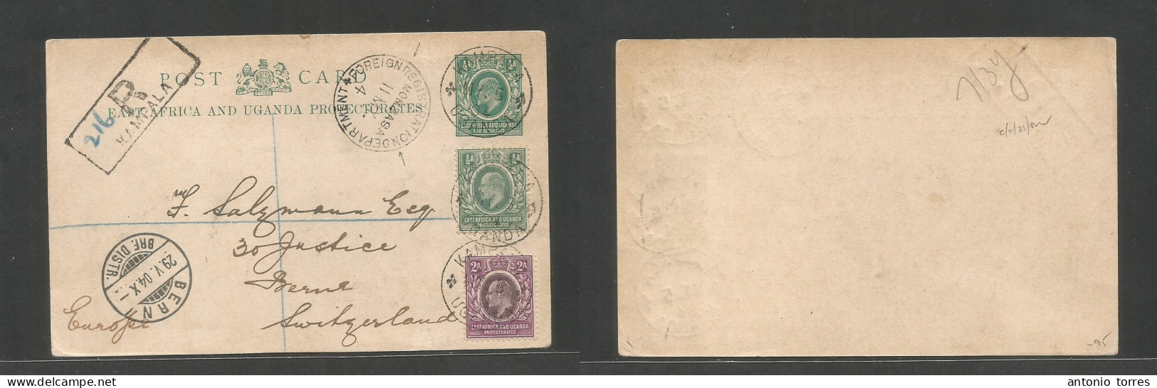 Bc - East Africa. 1904 (5 May) Kampala - Switzerland, Bern (29 May) Registered Multifkd 1/2a Green Stat Card At 3a Rate, - Sonstige & Ohne Zuordnung