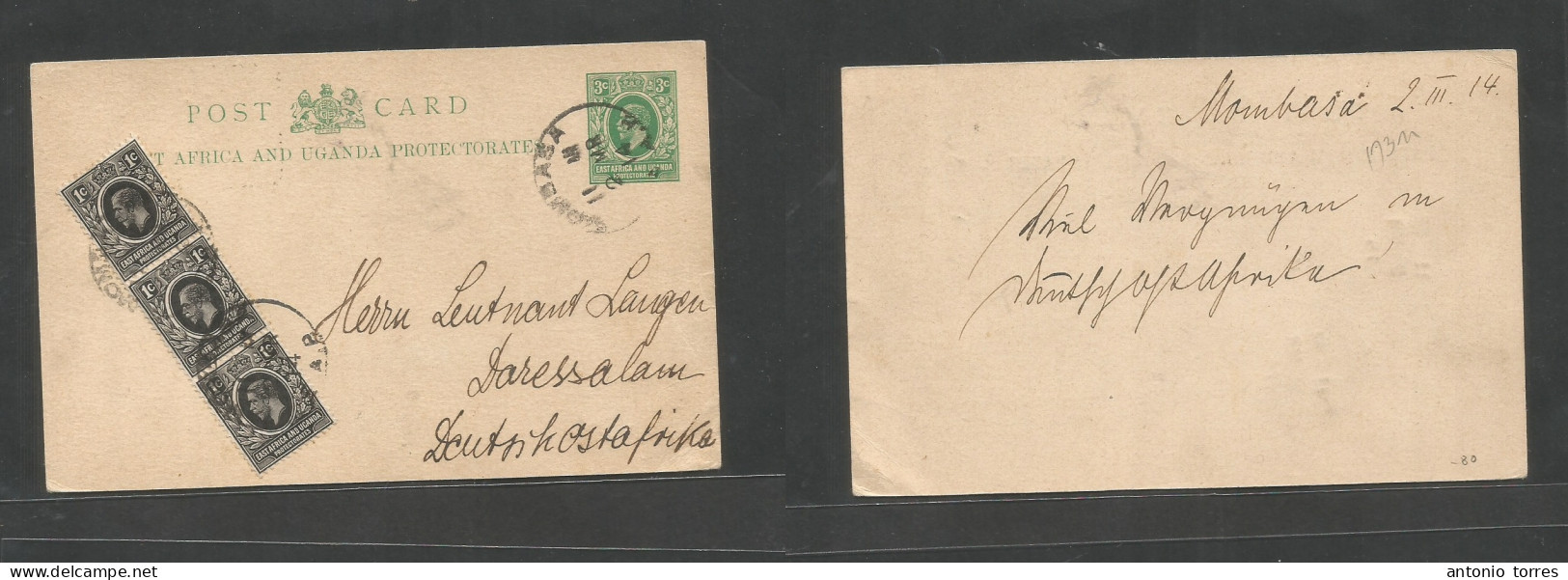 Bc - East Africa. 1914 (2 March) Mombasa - Dar Es Salaam. German East Africa. 3c Green Stat Card + 3 Adtls, At 5c, Rate - Sonstige & Ohne Zuordnung