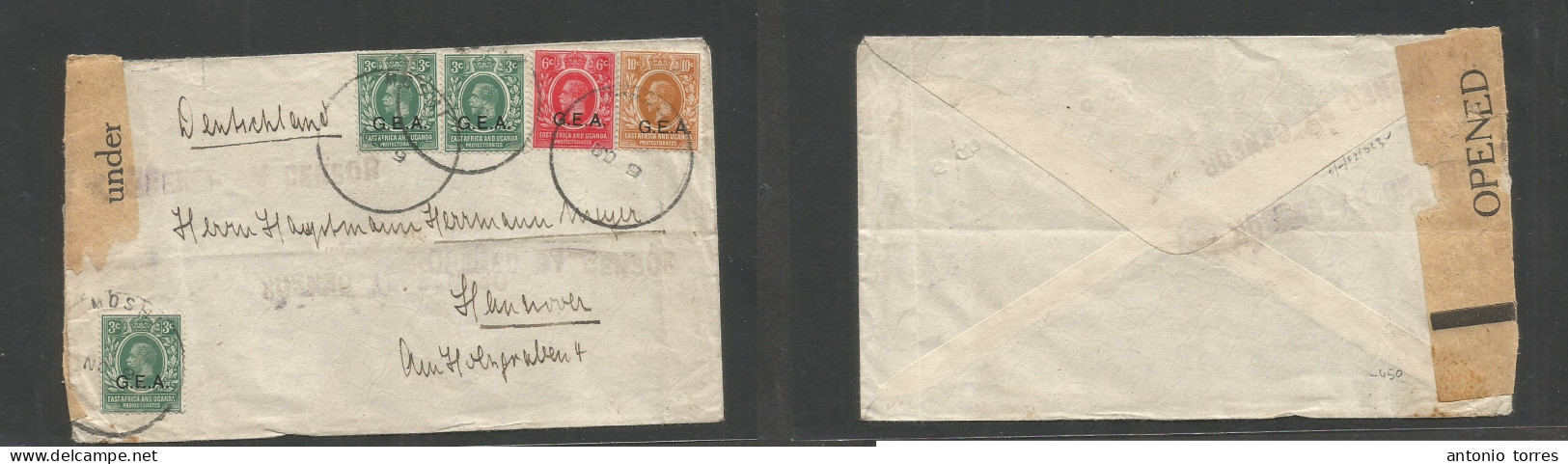 Bc - East Africa. C. 1915-6. GEA - V. Provisional Cancel Usage. Multifkd WWI Censored Envelope To Hannover, Germany At 2 - Other & Unclassified