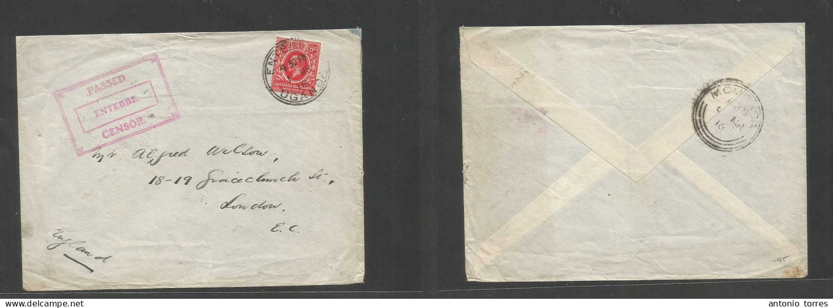 Bc - East Africa. 1916 (1 March) Uganda, Entebbe - London, England Via Mombassa. Single 6c Red Fkd Envelope Tied Cds + B - Other & Unclassified