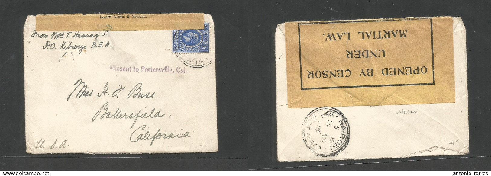 Bc - East Africa. 1918 (7 March) Kibwegi - USA, CA, Bakersfield. 15c Blue Single Fkd Env, Tied Cds. Via Nairobi Reverse - Other & Unclassified