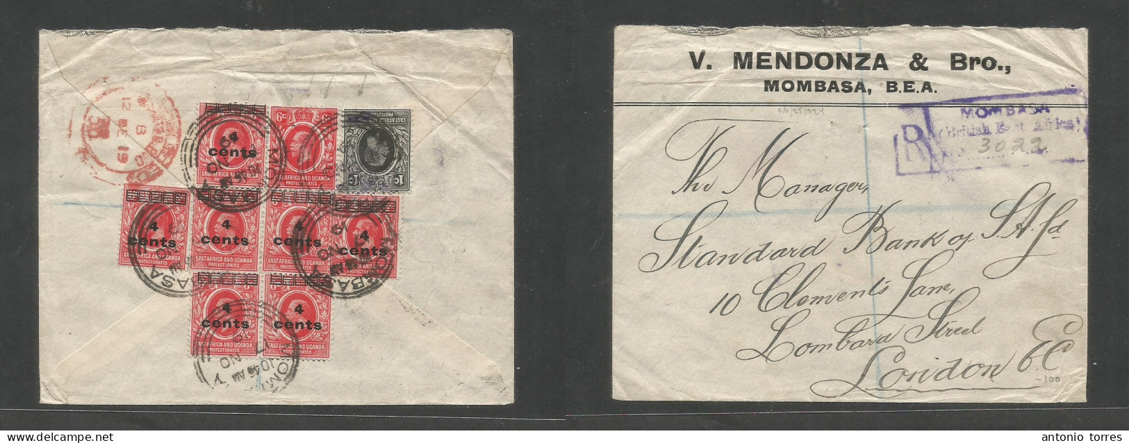 Bc - East Africa. 1919 (7 Nov) Mombasa - London, UK (12 Dec) Registered Comercial Reverse Multifkd Env At 35c Rate, Tied - Sonstige & Ohne Zuordnung