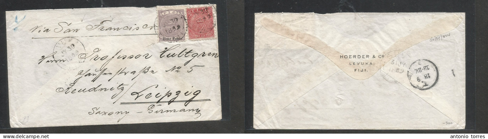 Bc - Fiji. 1889 (30 July) Levuka - Germany, Leipzig, Saxony. Via San Francisco, USA. Multifkd Envelope Incl Ovptd Value - Andere & Zonder Classificatie
