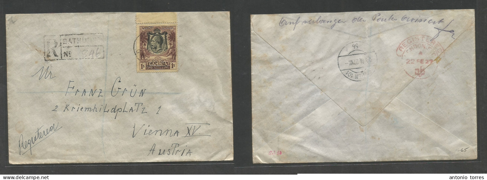 Bc - Gambia. 1927 (7 Febr) Bathurst - Austria, Wien (24 Febr) Registered Single 1sh Fkd Envelope, Margin Border, Tied Ov - Altri & Non Classificati