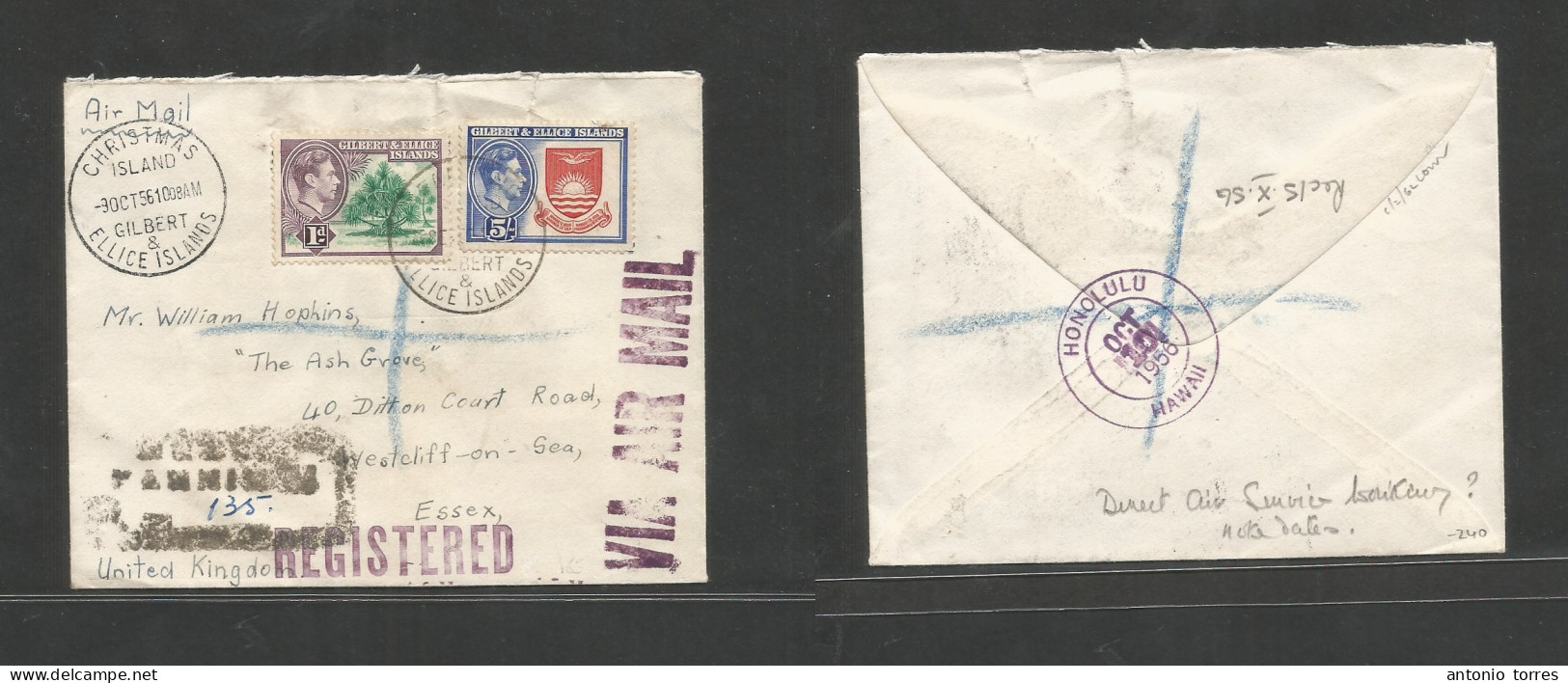 Bc - Gilbert & Ellice Is.. 1956 (9 Oct) Christmas Is - UK, Essex, Westcliff On Sea. Air Registered Multifkd Envelope At - Autres & Non Classés
