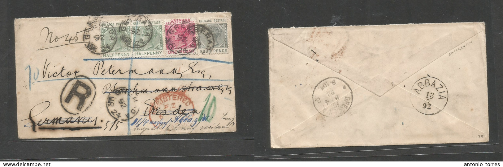Bc - Grenada. 1892 (24 March) GPO - Croatia, Abbazia, Via Germany, Dresden (8 April) Via London. Registered Multifkd QV - Other & Unclassified