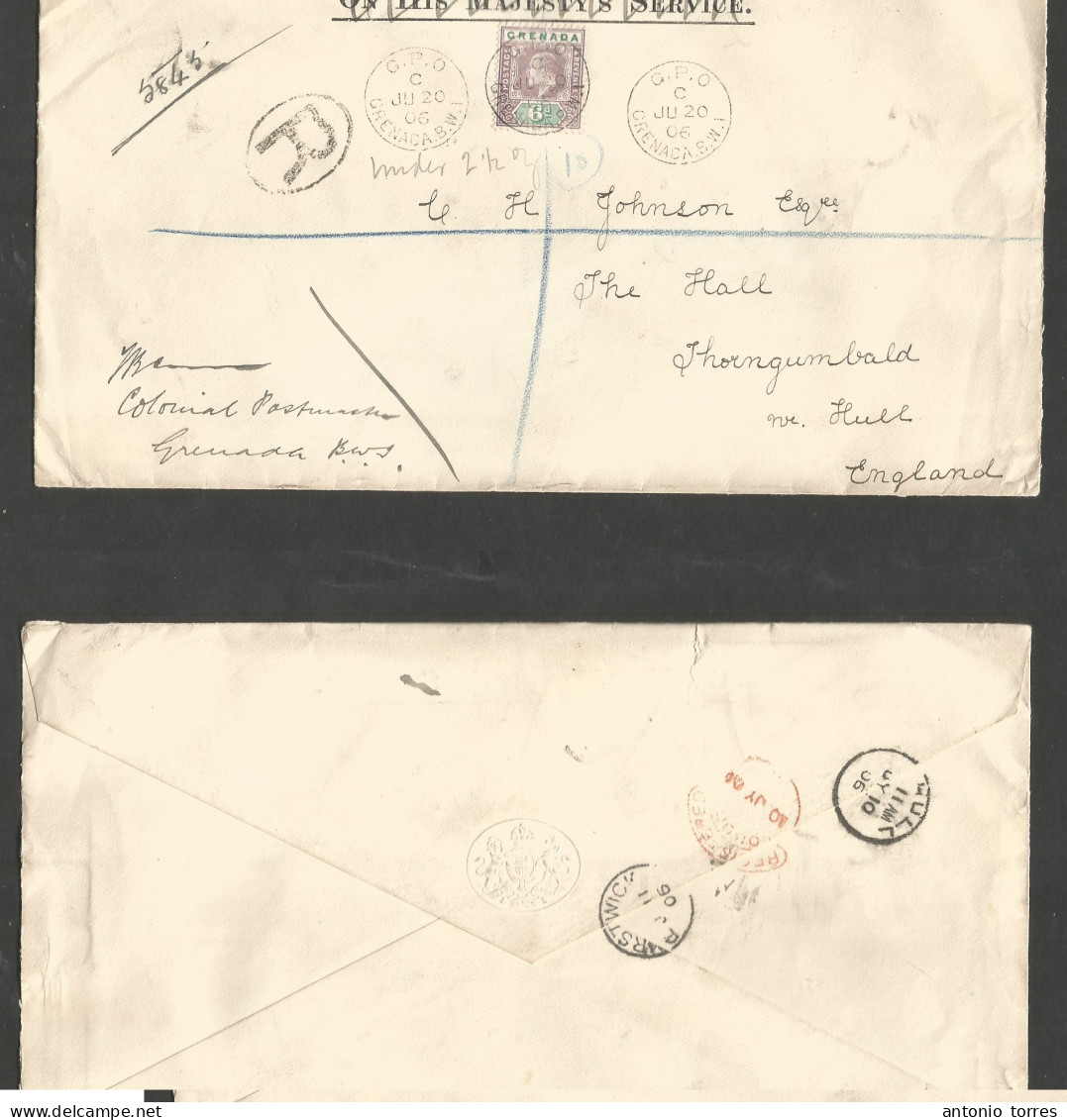 Bc - Grenada. 1906 (20 June) GPO - England, Hull, Thorngumbald (10-11 July) Via London - Prestwick. Registered 6d Fkd En - Altri & Non Classificati