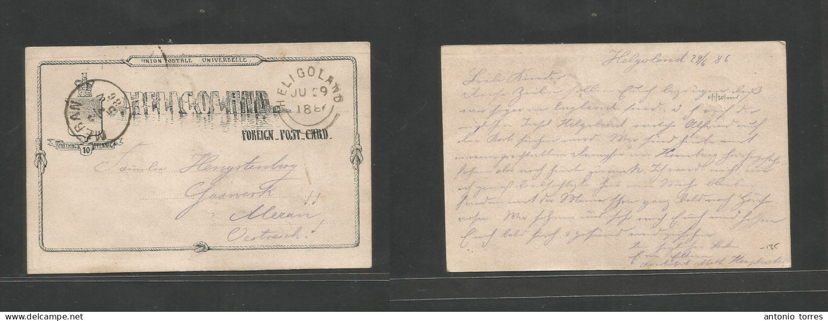 Bc - Heligoland. 1887 (29 June) GPO - Meran, Austria (today Italy) (2 Aug) 10 Pf Stationary Card, Better Circulation. Re - Other & Unclassified