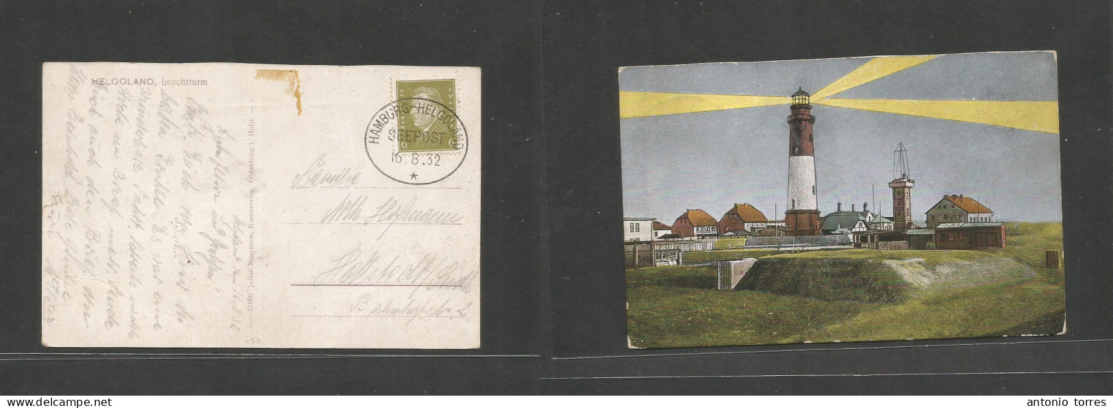 Bc - Heligoland. 1932 (16 Aug) GPO - Germany, Fkd Ppc 6 Pf, Tied Seepost "Hamburg - Heligoland" Ds. Fine Item. - Other & Unclassified