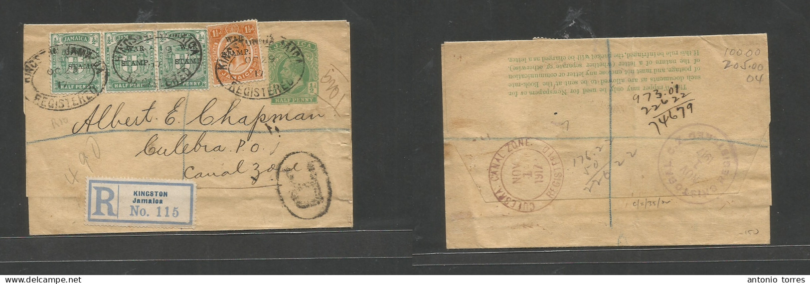 Bc - Jamaica. 1917 (Oct 29) Kingston - Canal Zone, Culebra (Nov 1) Registered 1/2d Green Multifkd Complete Stationary Wr - Otros & Sin Clasificación