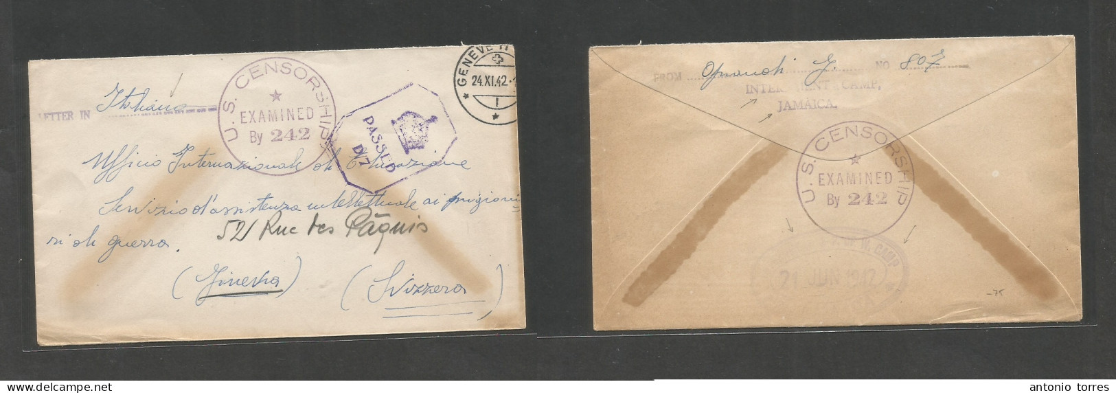 Bc - Jamaica. 1942 (24 June) Internment Camp. Italian POW. Free Mail US + British Depart Censored. Addressed To Geneva, - Autres & Non Classés