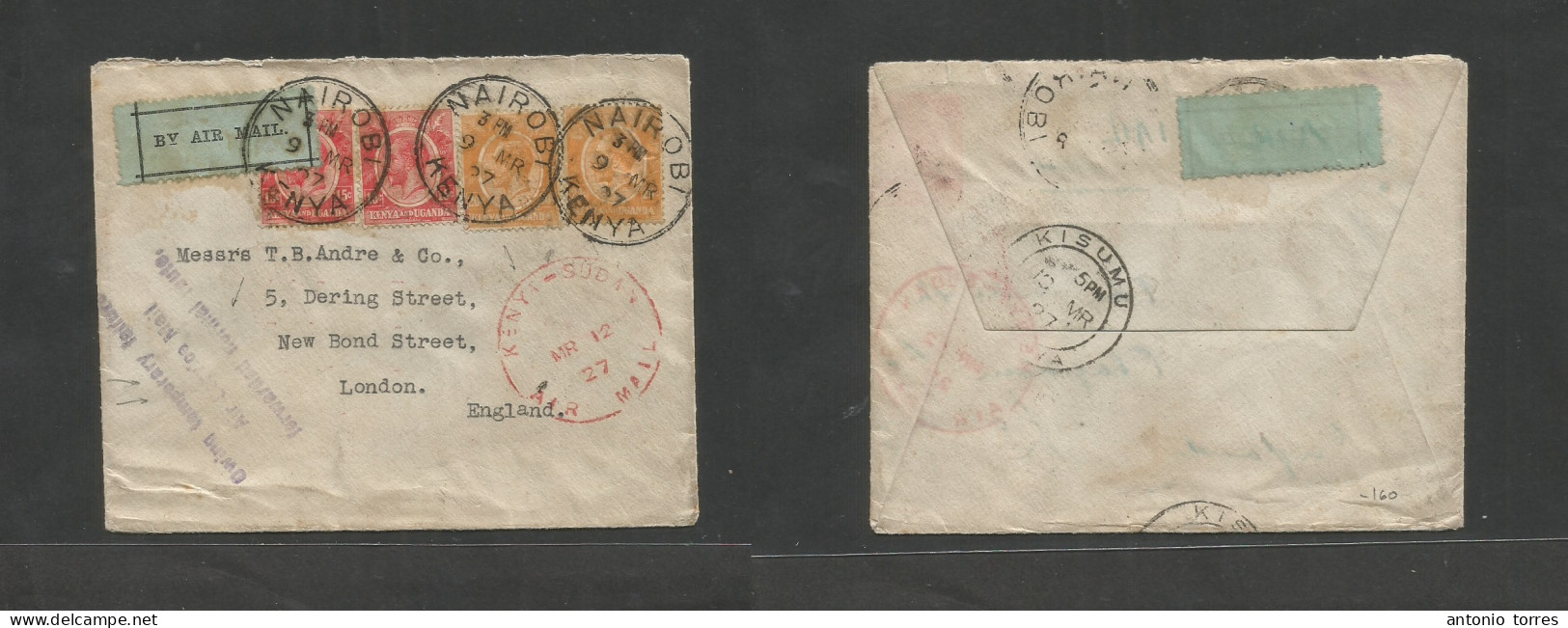 Bc - Kenya. 1927 (9 March) Nairobi - England, London. Air Multifkd Envelope At 70c Rate Tied Cds + Air Label, Special Ai - Autres & Non Classés