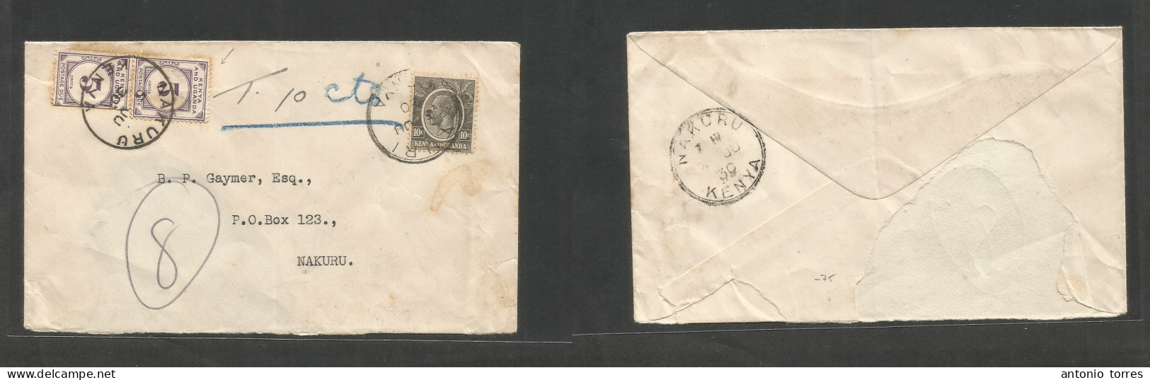 Bc - Kenya. 1930 (3 Ju) Turi - Nakuru (5 Ju) Fkd 10c Single Envelope, Taxed + Arrival P. Due 5c (x2) Tied Cds. Fine Scar - Other & Unclassified