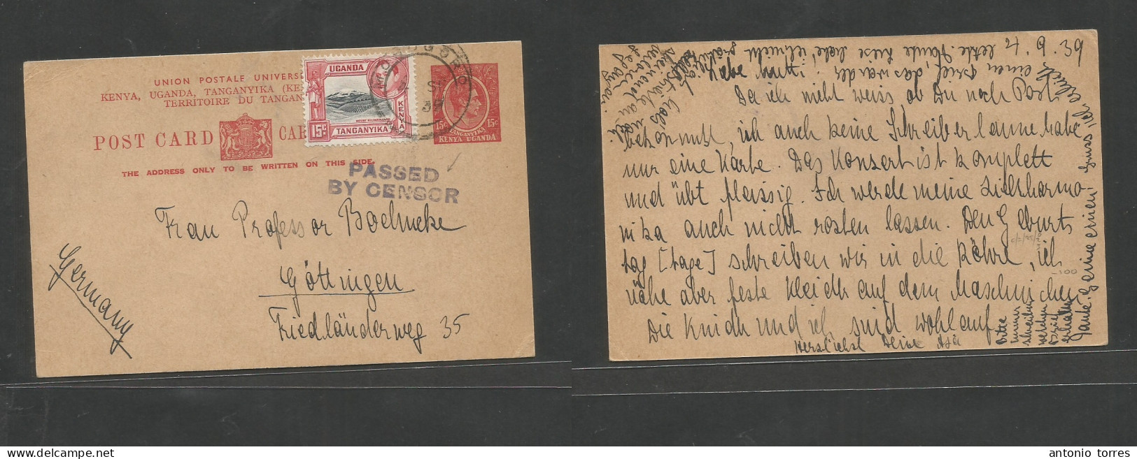 Bc - Kenya. 1939 (4 Sept) KUT, Mondogoro - Germany, Gottingen. 15c Red Stat Card + Adtl On WWII Local Censor Cachet, Tie - Andere & Zonder Classificatie