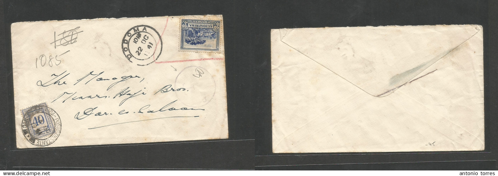 Bc - Kenya. 1941 (22 Oct) Dodoma - Dar Es Salaam (24 Oct) Fkd S. Africa Envelope, Taxed / Not Accepted, Cds "T. Mns Cach - Otros & Sin Clasificación