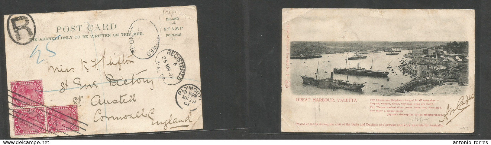 Bc - Malta. 1901 (25 March) GPO - England, Cornwall, St. Austell, Via Plymouth (29 March) Registered Multifkd QV Ppc. VF - Autres & Non Classés