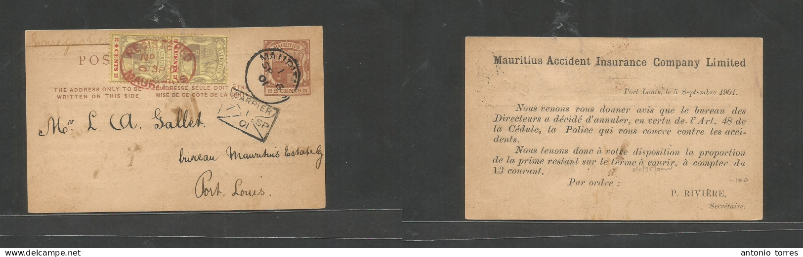 Bc - Mauritius. 1901 (6 Sept) GPO - Port Louis (7 Sept) 2c Brown Printed Stat And On Local Registration Usage With Adtl - Sonstige & Ohne Zuordnung