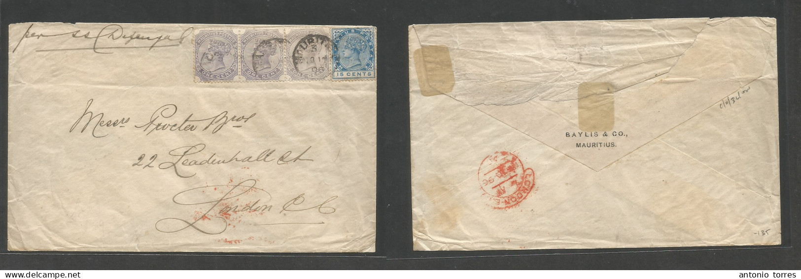 Bc - Mauritius. 1906 (14 Nov) GPO - London, UK (Dec 10) Multifkd QV Envelope Out 18c Rate, Tied Cds Per "SS Dubengal" Ar - Sonstige & Ohne Zuordnung