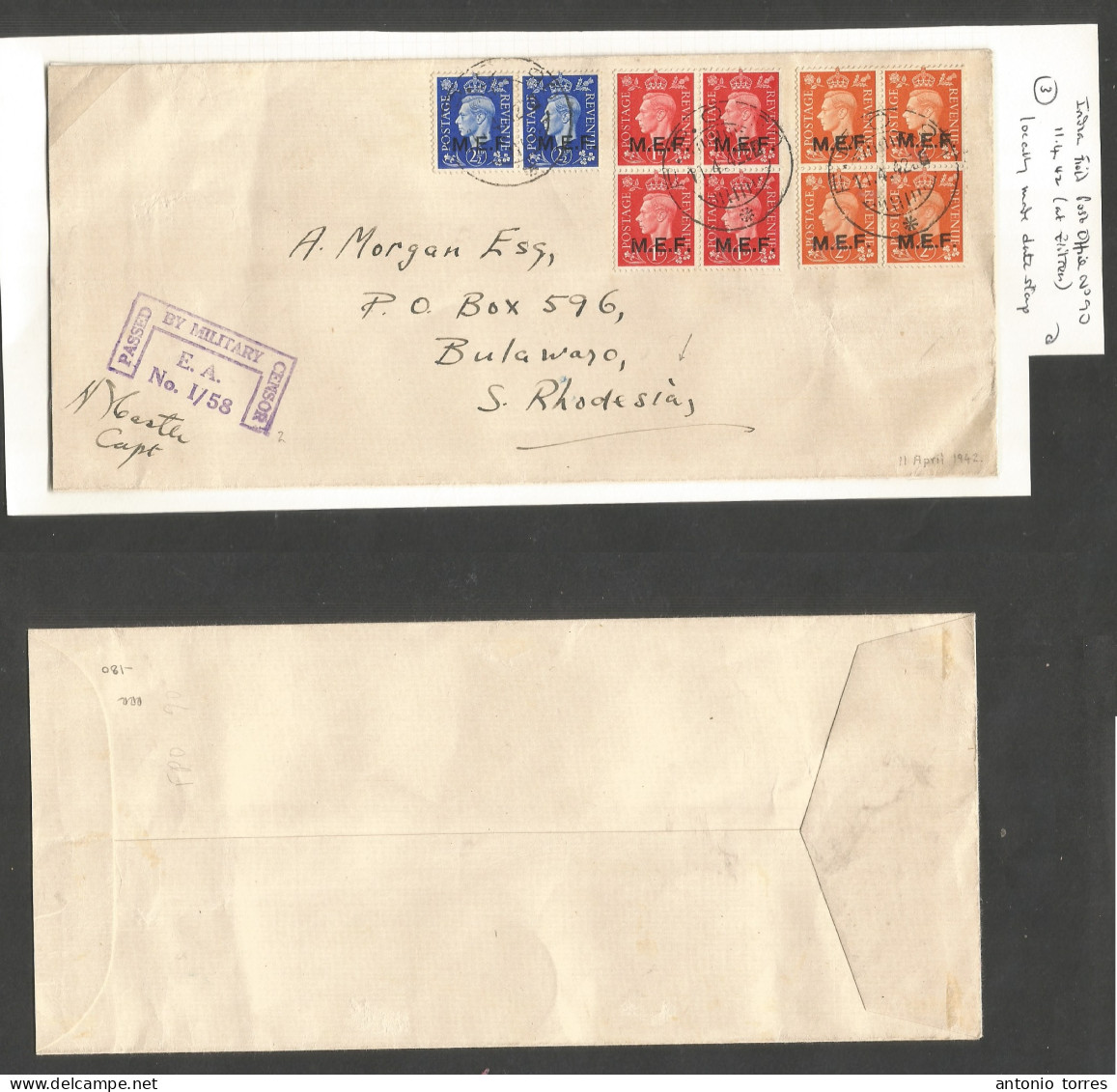 Bc - MEF. 1942 (11 April) FPO 90. Indian PO At Zitren Local Usage At Bulawayo, S. Rhodesia + Censor Cachet ER / 1-58. Mu - Altri & Non Classificati