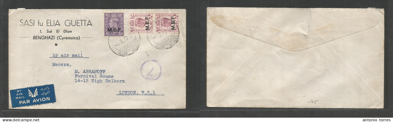 Bc - Mef. 1947 (9 March) Libia. British Admin. Benghazi - London, UK. Multifkd Airmail Env, Tied Cds. Fine Comercial Usa - Autres & Non Classés