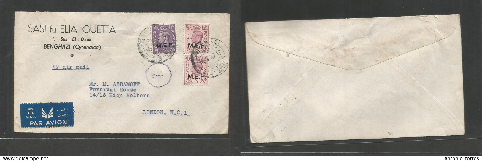 Bc - Mef. 1947 (16 March) British Admin. Libia - Benghazi - London, UK. Multifkd Ovptd Issue Env + Censor "7" Cachet. Fi - Other & Unclassified