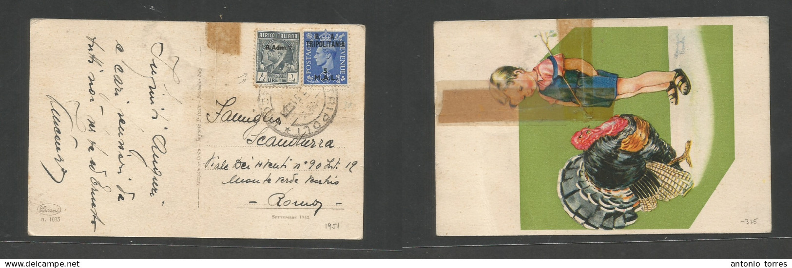 Bc - Mef. 1951. Libia. BA Tripolitania. Africa Italiana Fiscal Stamp Ovptd B. Adm T. On Postal Mixed Usage Tripoli - Rom - Autres & Non Classés