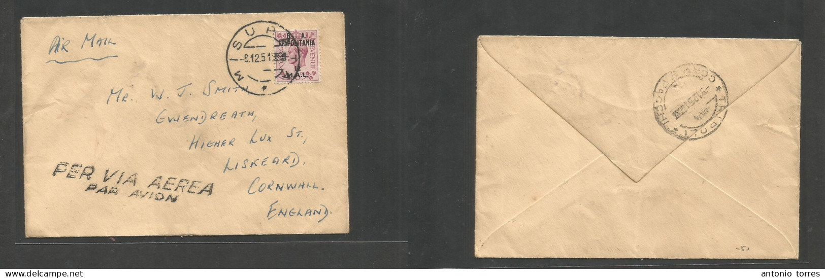 Bc - Mef. 1951 (6 Dec) British Adm. Tripolitania. Misurata - England, Cornwall, Liskeard. Air Single 12 Mal Ovptd Envelo - Andere & Zonder Classificatie