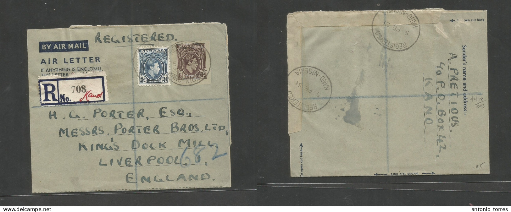 Bc - Nigeria. 1951 (5 Febr) Kano - England, Liverpool. Registered 6d Lilac + Adtls Air Letter Stationary, Tied Oval Ds + - Other & Unclassified