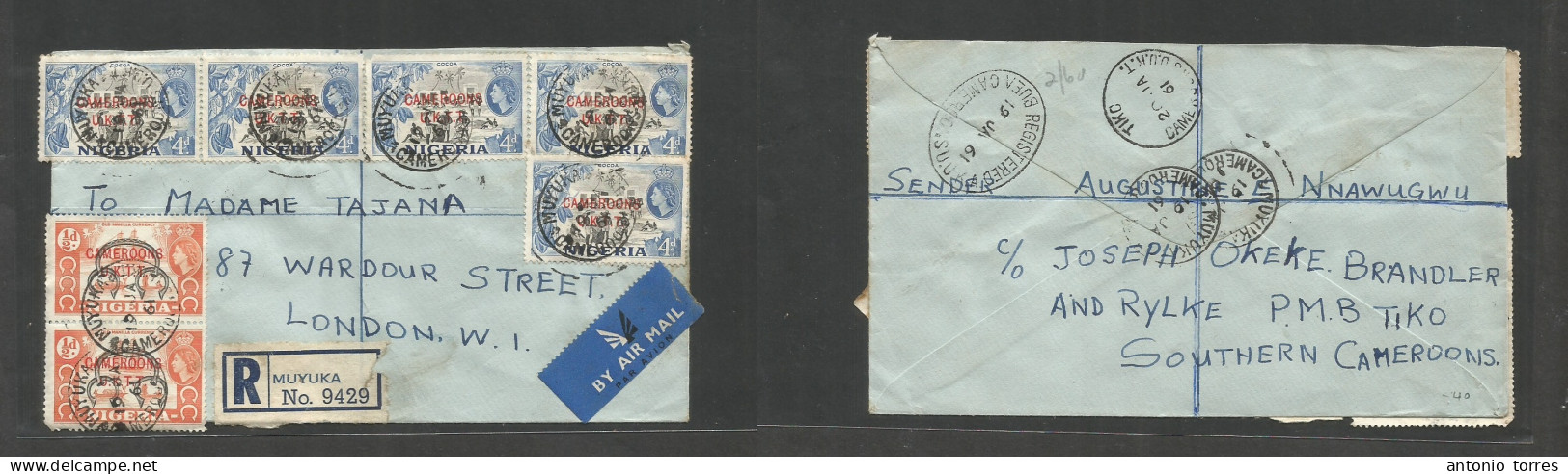 Bc - Nigeria. 1961 (19 Jan) Cameroun, UKTT Ovptd. Muyuka - London, GB. Registered Air Multifkd QEII Envelope, Tied Cds. - Sonstige & Ohne Zuordnung
