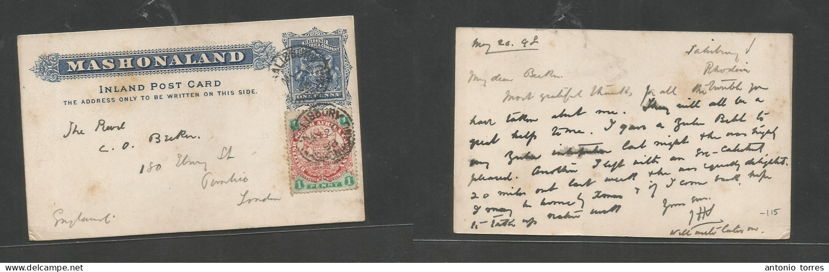 Bc - Rhodesia. 1898 (20 May) Mashonaland, Salisbury - London, England. 1d Blue Stat Card + 1d Bicolor Adtl, Tied Cds. Fi - Sonstige & Ohne Zuordnung