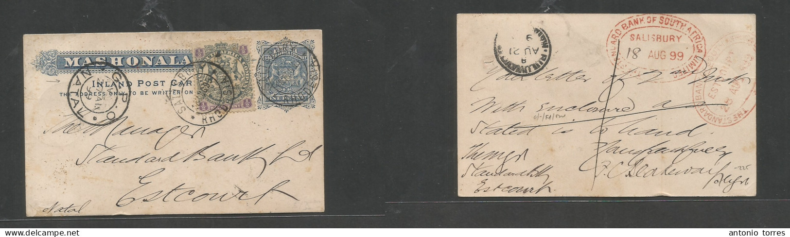 Bc - Rhodesia. 1899 (18 Aug) Salisbury - Escourt, Natal Via Bulawayo (27 Aug) 1d Blue Stat Card + 1/2d Adtl, Tied Cds, A - Other & Unclassified