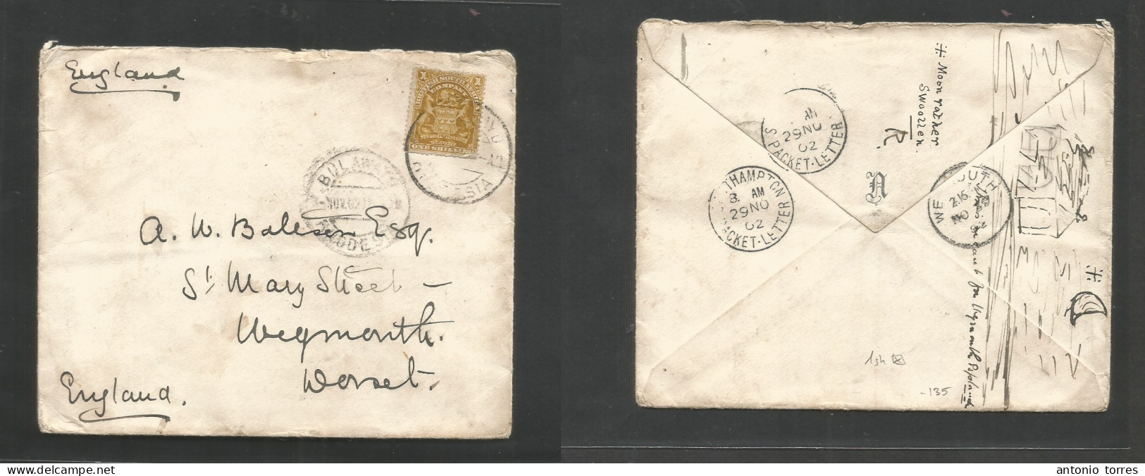 Bc - Rhodesia. 1902 (Nov 3) BSAC. Bulawayo - England, Weymowith (30 Nov) Via "Southampton Packet Letter / 29 Nov) 1sh Bi - Other & Unclassified