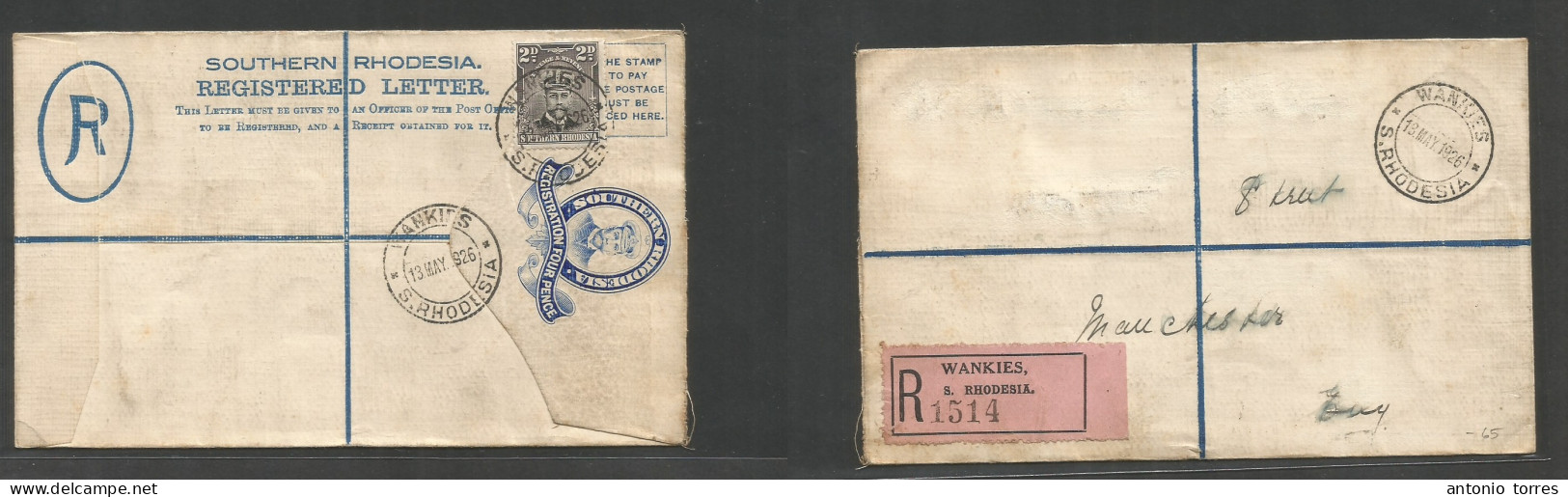 Bc - Rhodesia. 1926 (13 May) Wankies. Registered 4d Blue Stat Envelope + 2d Adtl, Cds, Strike On Both Sides. Fine. - Sonstige & Ohne Zuordnung