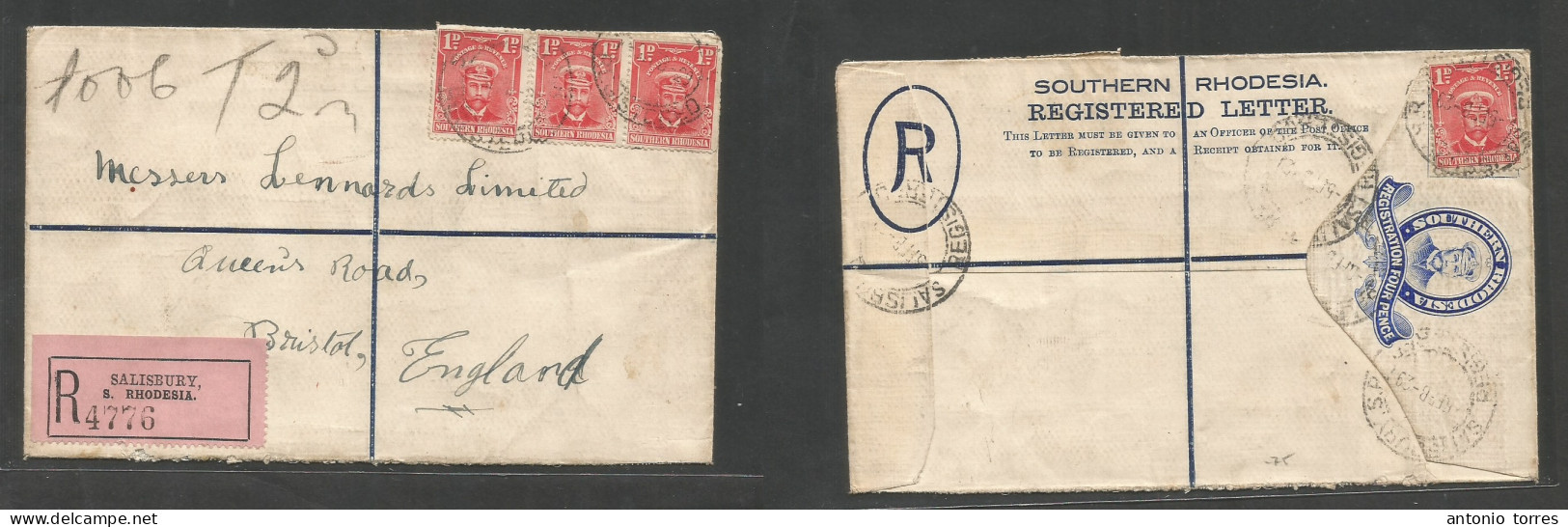 Bc - Rhodesia. 1929 (5 Febr) SR. Salisbury - England, Bristol. Registered Multifkd 4d Blue Stat Env + 4 Adtls 1d Red (si - Other & Unclassified